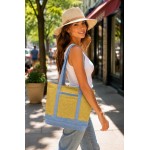 Straw Shopping Tote Bags - Paper Straw w/ Color Band Trim - Blue - BG-ST400BL